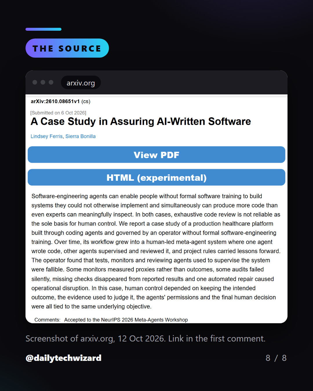 Slide 8 of 8. Screenshot of the source on arxiv.org: A Case Study in Assuring AI-Written Software