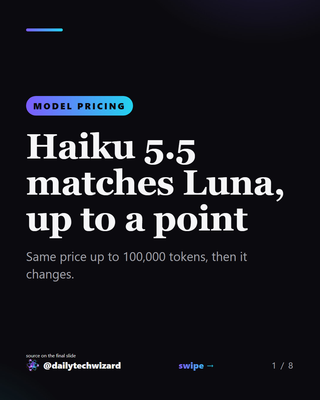 Slide 1 of 8. Haiku 5.5 matches Luna, up to a point Same price up to 100,000 tokens, then it changes.