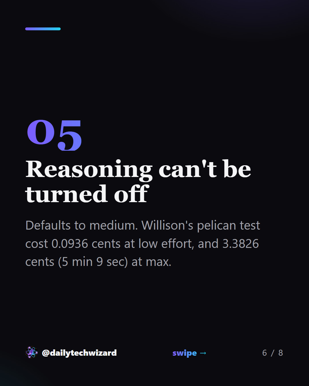 Slide 6 of 8. Reasoning can't be turned off Defaults to medium. Willison's pelican test cost 0.0936 cents at low effort, and 3.3826 cents (5 min 9 sec) at max.