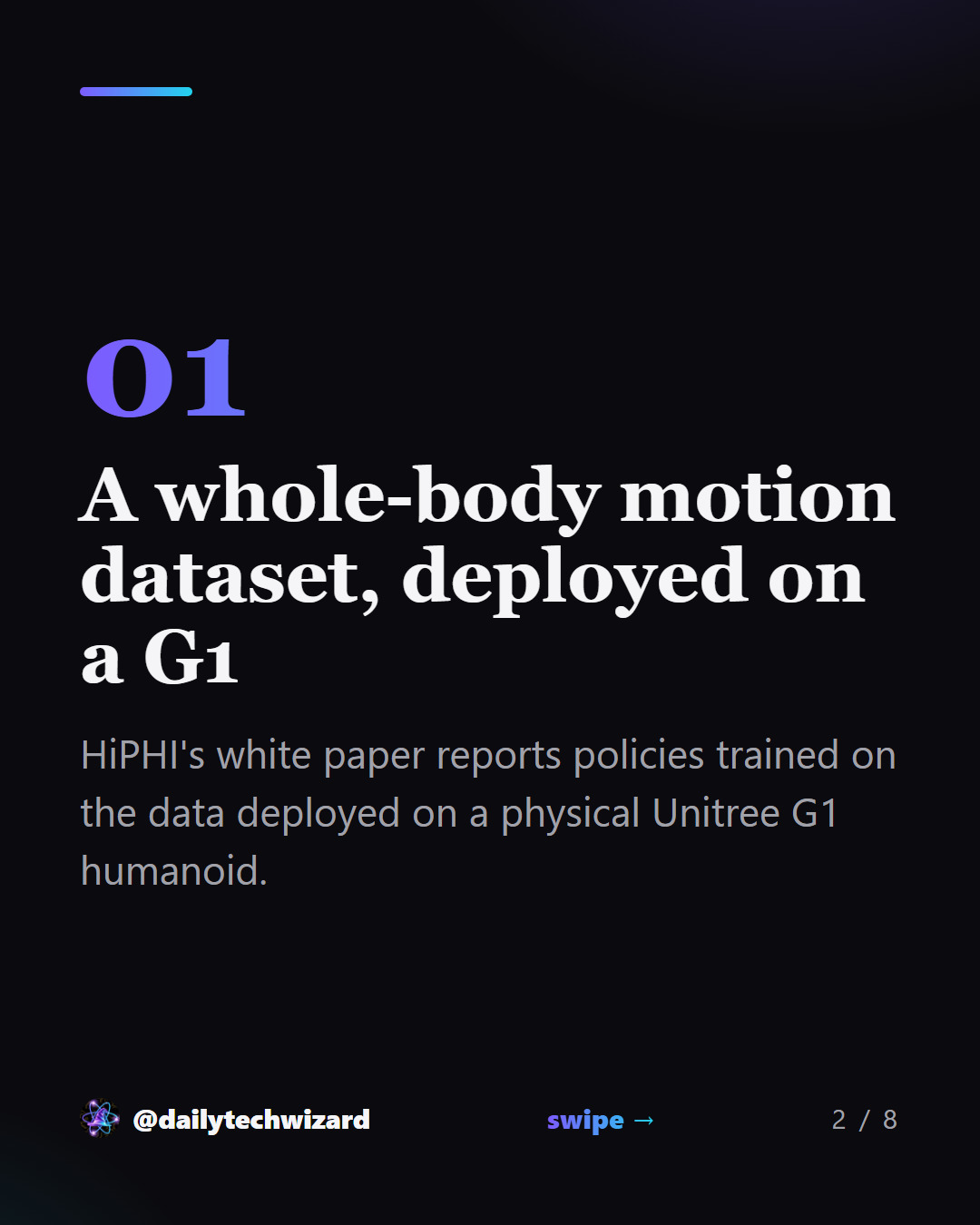 Slide 2 of 8. A whole-body motion dataset, deployed on a G1 HiPHI's white paper reports policies trained on the data deployed on a physical Unitree G1 humanoid.