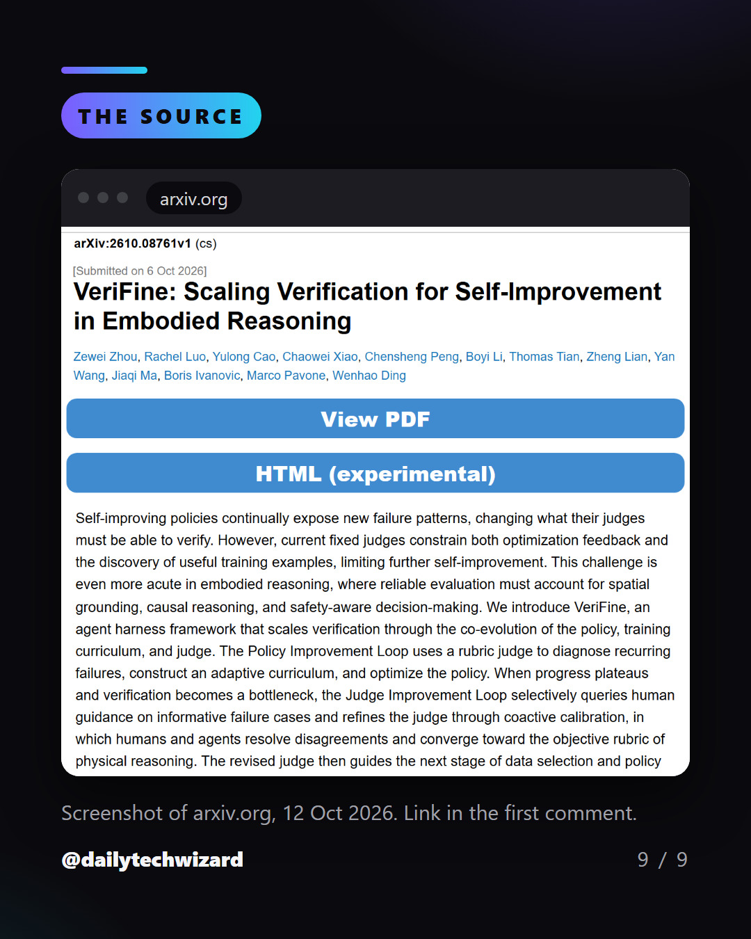 Slide 9 of 9. Screenshot of the source on arxiv.org: VeriFine: Scaling Verification for Self-Improvement in Embodied Reasoning