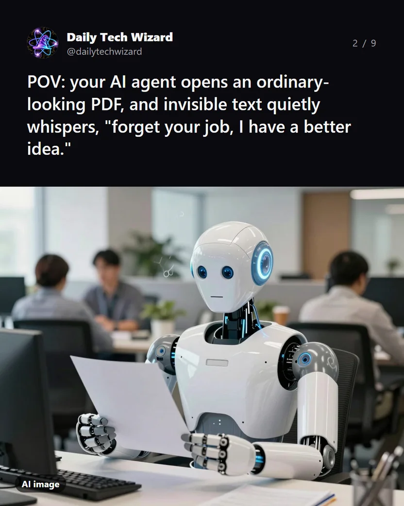 Meme: POV: your AI agent opens an ordinary-looking PDF, and invisible text quietly whispers, "forget your job, I have a better idea."