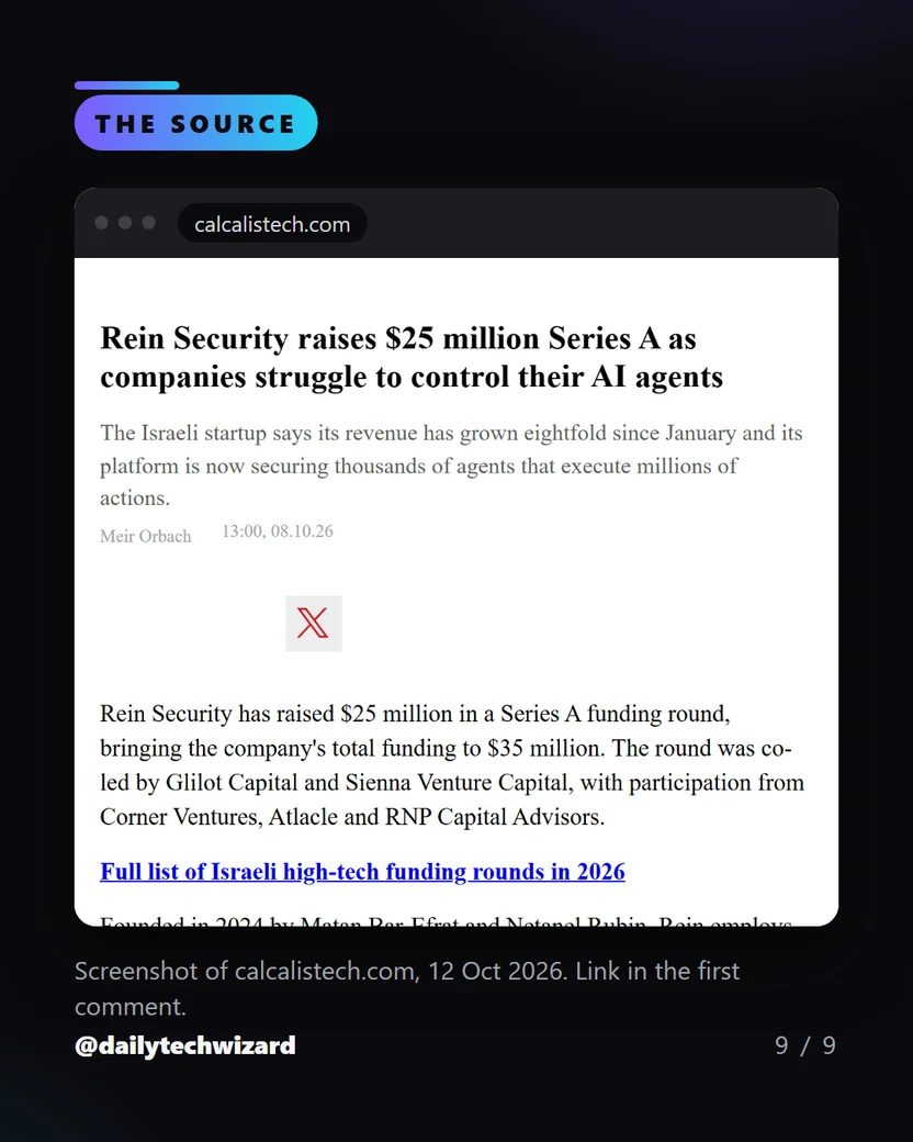 Screenshot of the source: Rein Security raises $25 million Series A as companies struggle to control their AI agents