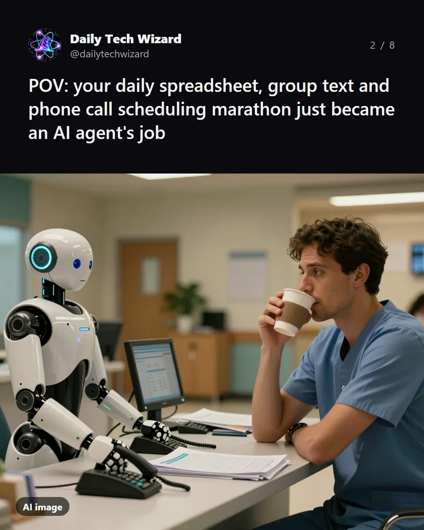 Meme: POV: your daily spreadsheet, group text and phone call scheduling marathon just became an AI agent's job